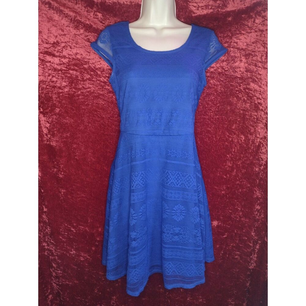 Cobalt Royal Blue Lace Skater Dress Size S Bow Back Cutout Fit & Flare